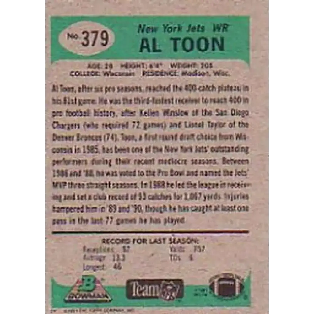 1991 Bowman #379 Al Toon NM-MT New York Jets Football Card - Football Card Single