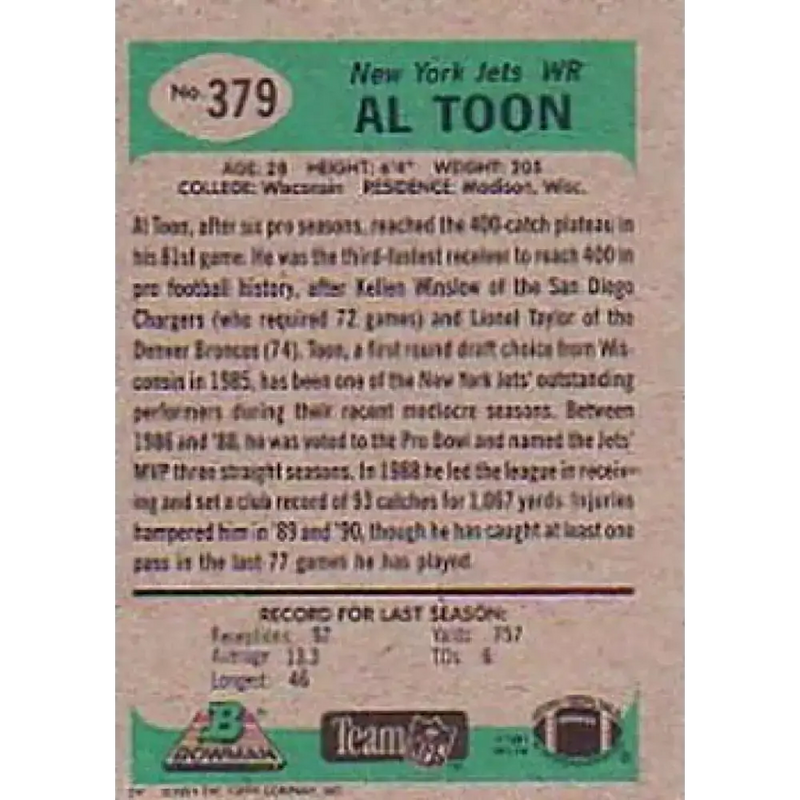 1991 Bowman #379 Al Toon NM-MT New York Jets Football Card - Football Card Single