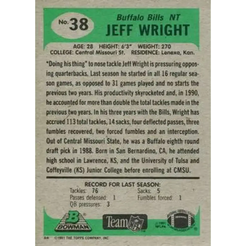 1991 Bowman #38 Jeff Wright NM-MT RC Rookie Buffalo Bills Football Card - Football Card Single