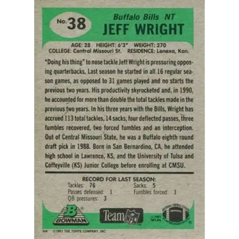 1991 Bowman #38 Jeff Wright NM-MT RC Rookie Buffalo Bills Football Card - Football Card Single