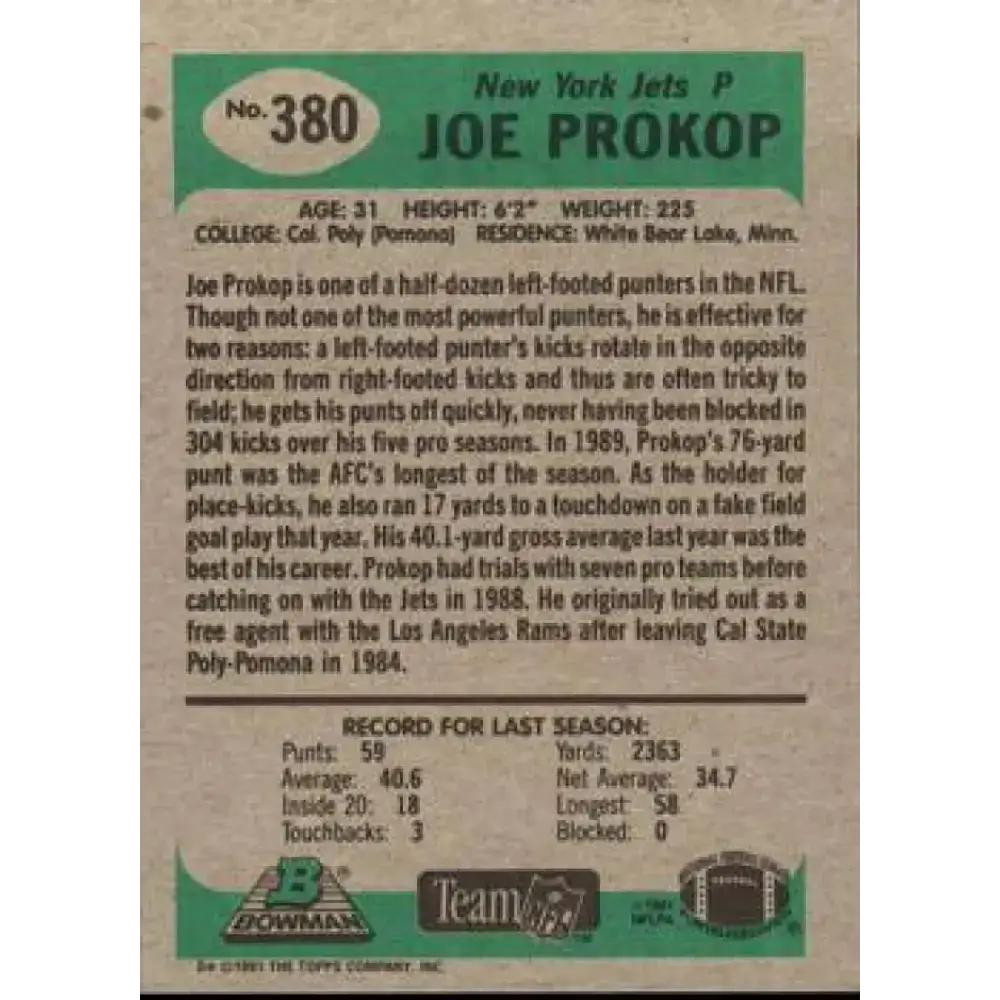 1991 Bowman #380 Joe Prokop NM-MT New York Jets Football Card - Football Card Single