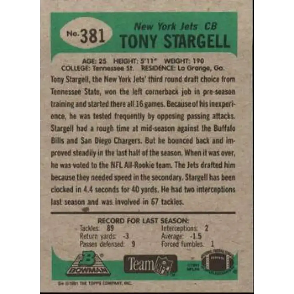 1991 Bowman #381 Tony Stargell NM-MT New York Jets Football Card - Football Card Single