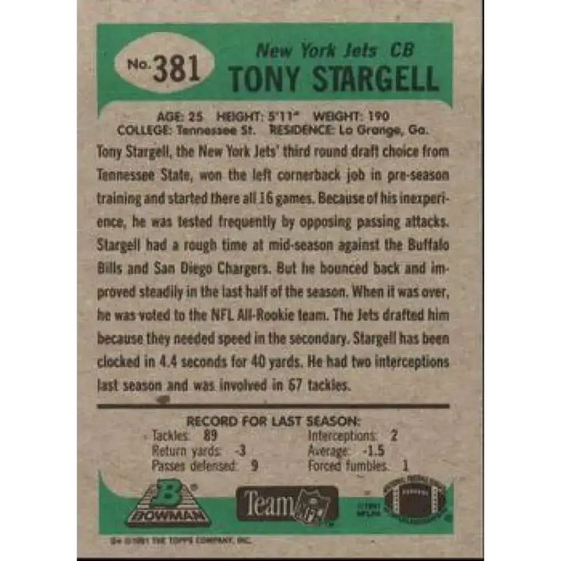 1991 Bowman #381 Tony Stargell NM-MT New York Jets Football Card - Football Card Single
