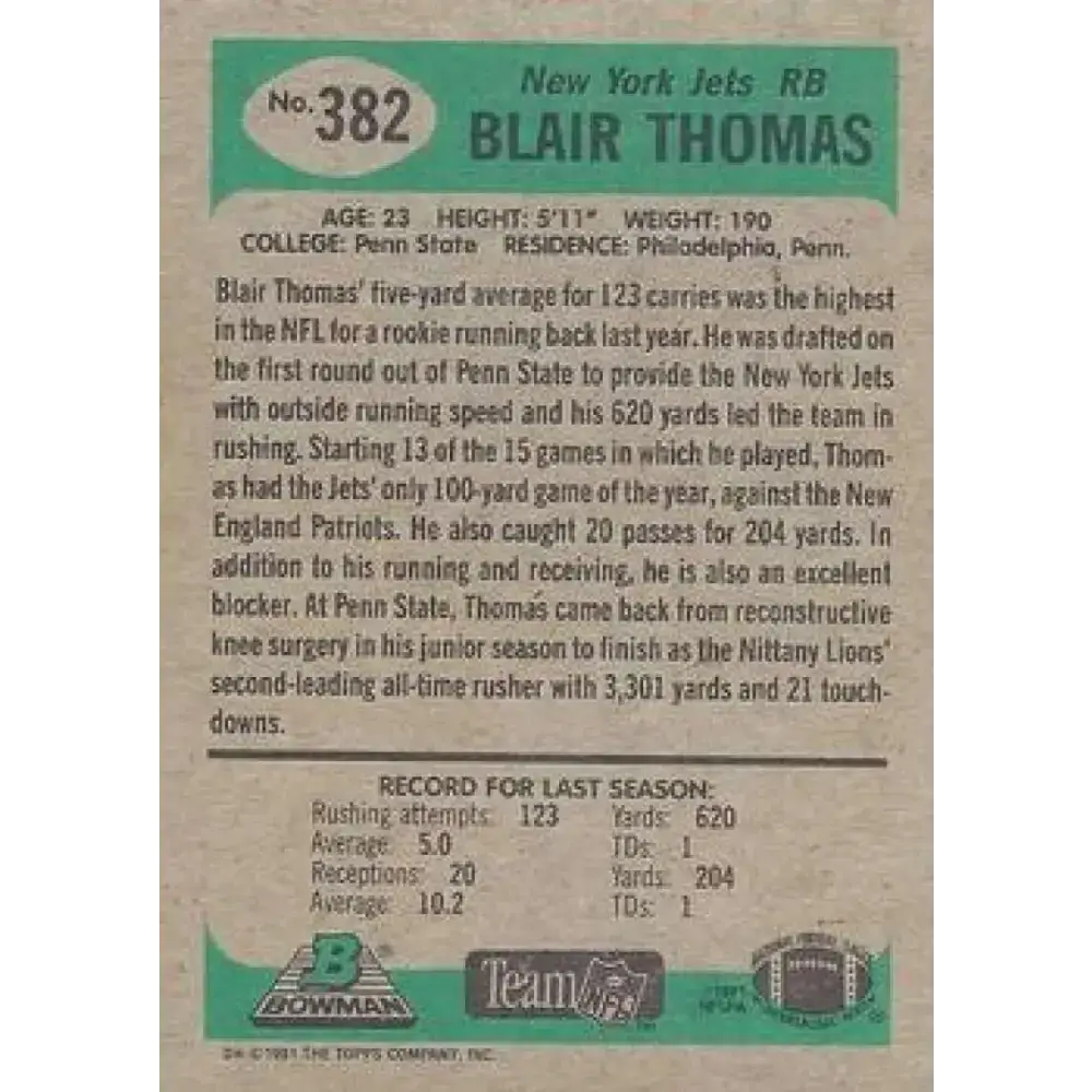 1991 Bowman #382 Blair Thomas NM-MT New York Jets Football Card - Football Card Single