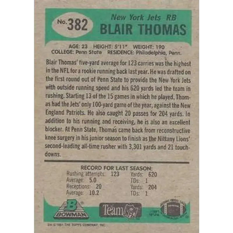1991 Bowman #382 Blair Thomas NM-MT New York Jets Football Card - Football Card Single