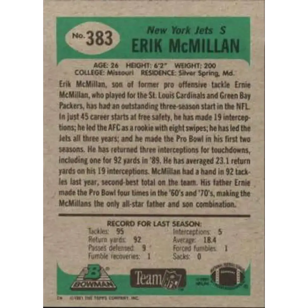 1991 Bowman #383 Erik McMillan NM-MT New York Jets Football Card - Football Card Single