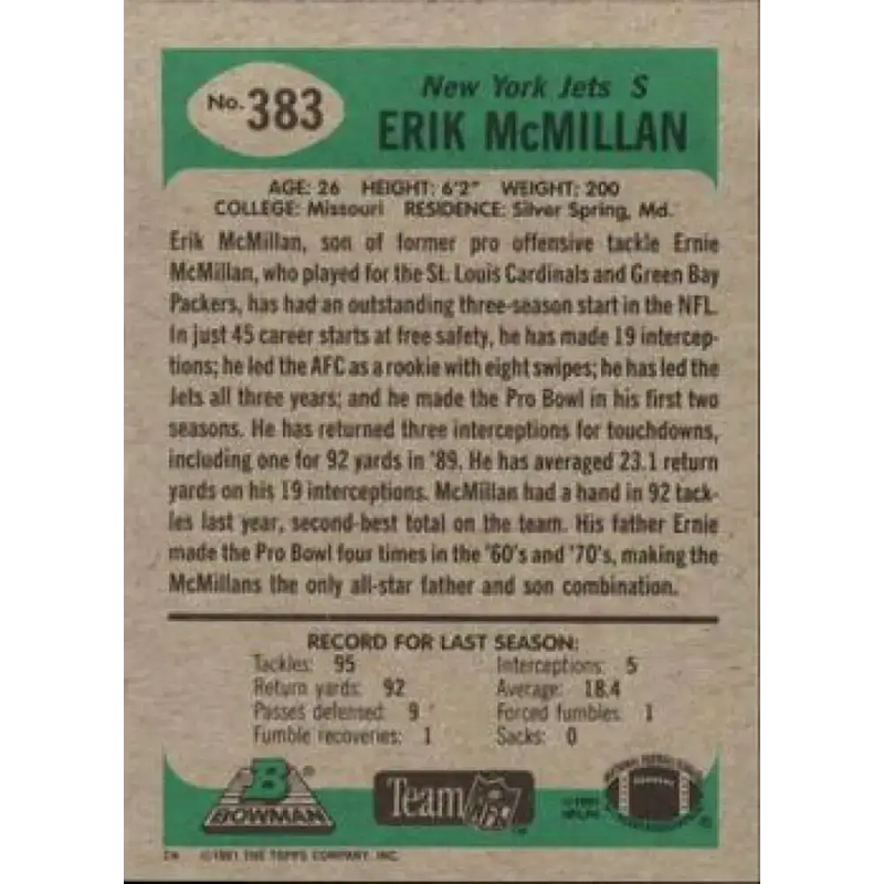 1991 Bowman #383 Erik McMillan NM-MT New York Jets Football Card - Football Card Single