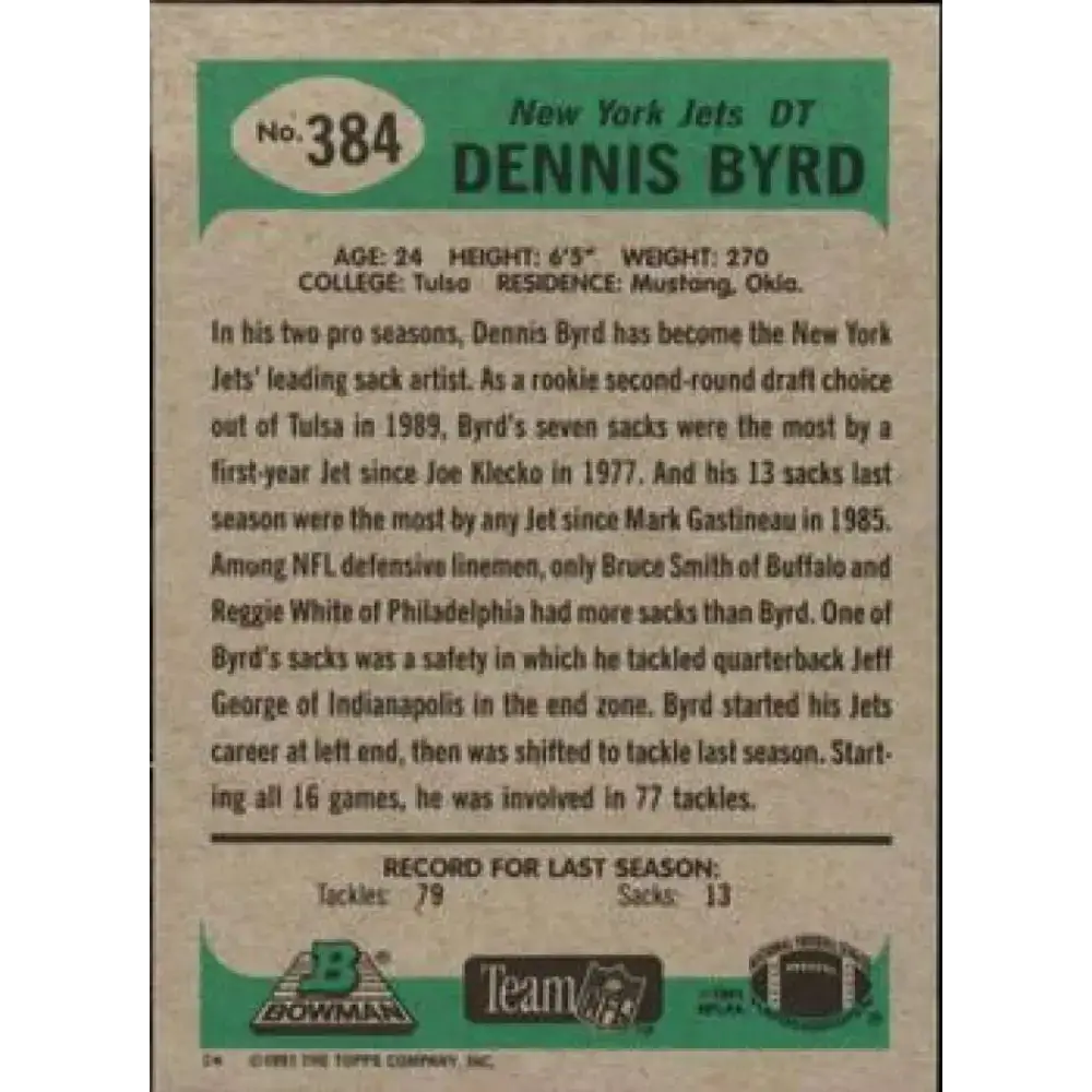1991 Bowman #384 Dennis Byrd NM-MT Football Card - Football Card Single