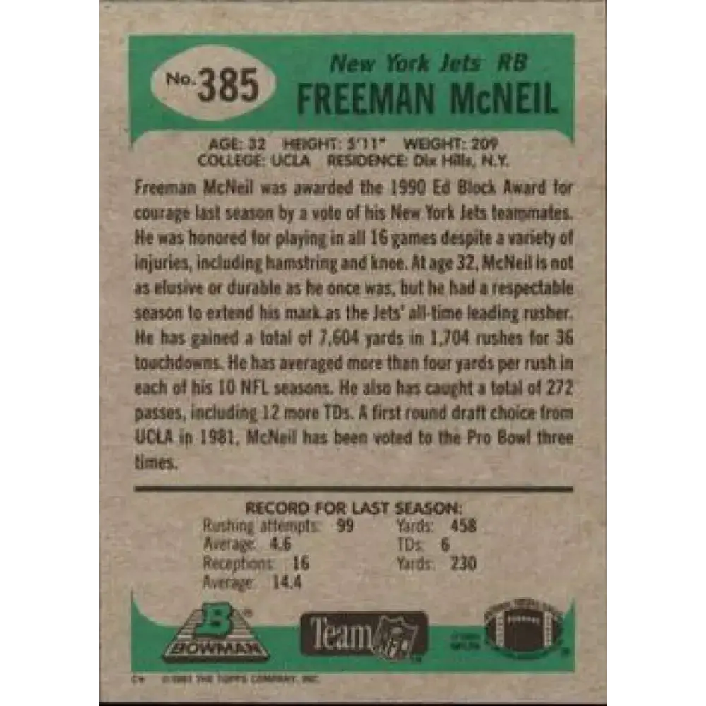1991 Bowman #385 Freeman McNeil NM-MT New York Jets Football Card - Football Card Single