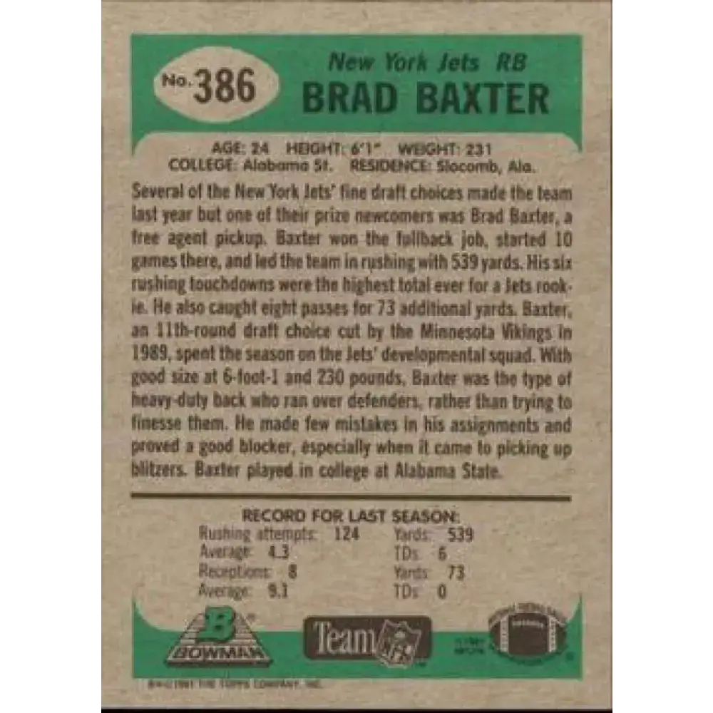 1991 Bowman #386 Brad Baxter NM-MT New York Jets Football Card - Football Card Single