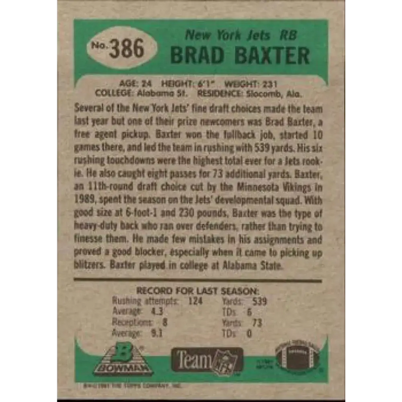 1991 Bowman #386 Brad Baxter NM-MT New York Jets Football Card - Football Card Single