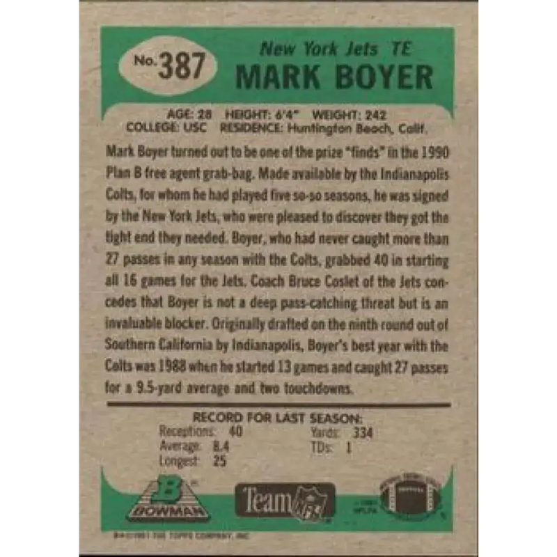 1991 Bowman #387 Mark Boyer NM-MT New York Jets Football Card - Football Card Single