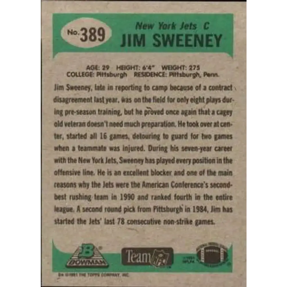 1991 Bowman #389 Jim Sweeney NM-MT New York Jets Football Card - Football Card Single