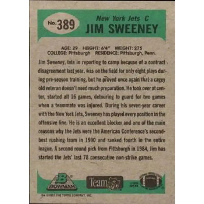1991 Bowman #389 Jim Sweeney NM-MT New York Jets Football Card - Football Card Single