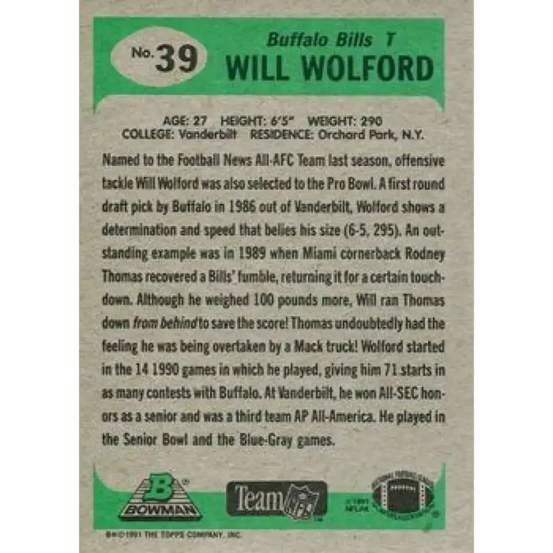 1991 Bowman #39 Will Wolford NM-MT Buffalo Bills Football Card - Football Card Single