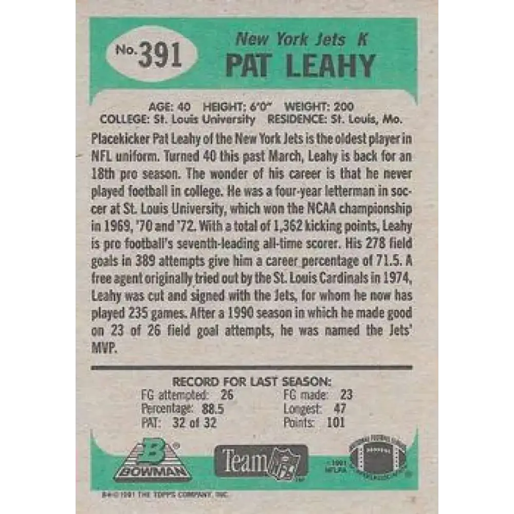 1991 Bowman #391 Pat Leahy NM-MT New York Jets Football Card - Football Card Single