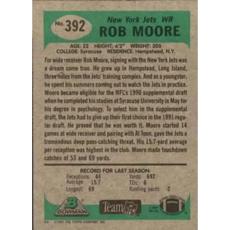 1991 Bowman #392 Rob Moore NM-MT New York Jets Football Card - Football Card Single