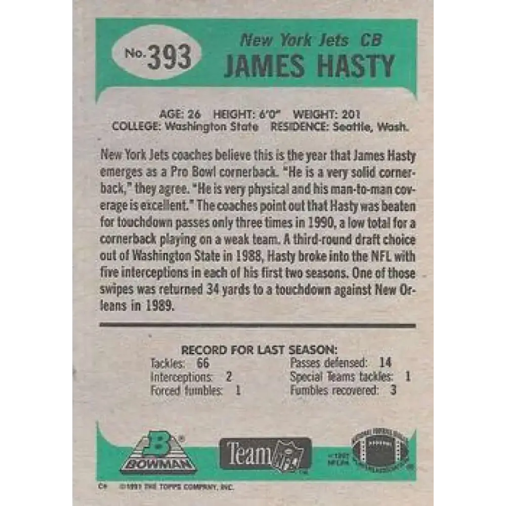 1991 Bowman #393 James Hasty NM-MT New York Jets Football Card - Football Card Single
