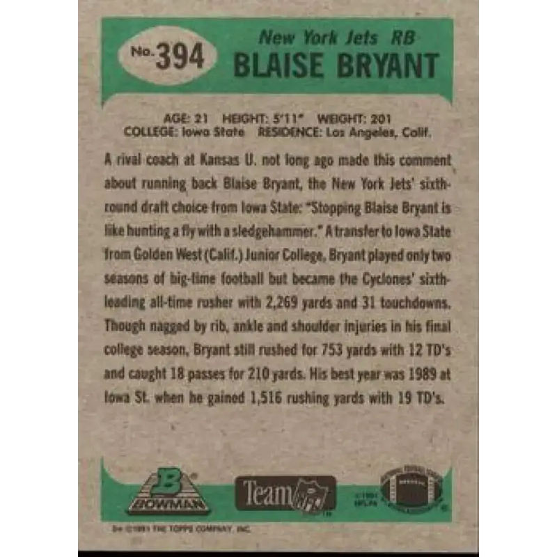 1991 Bowman #394 Blaise Bryant NM-MT New York Jets Football Card - Football Card Single