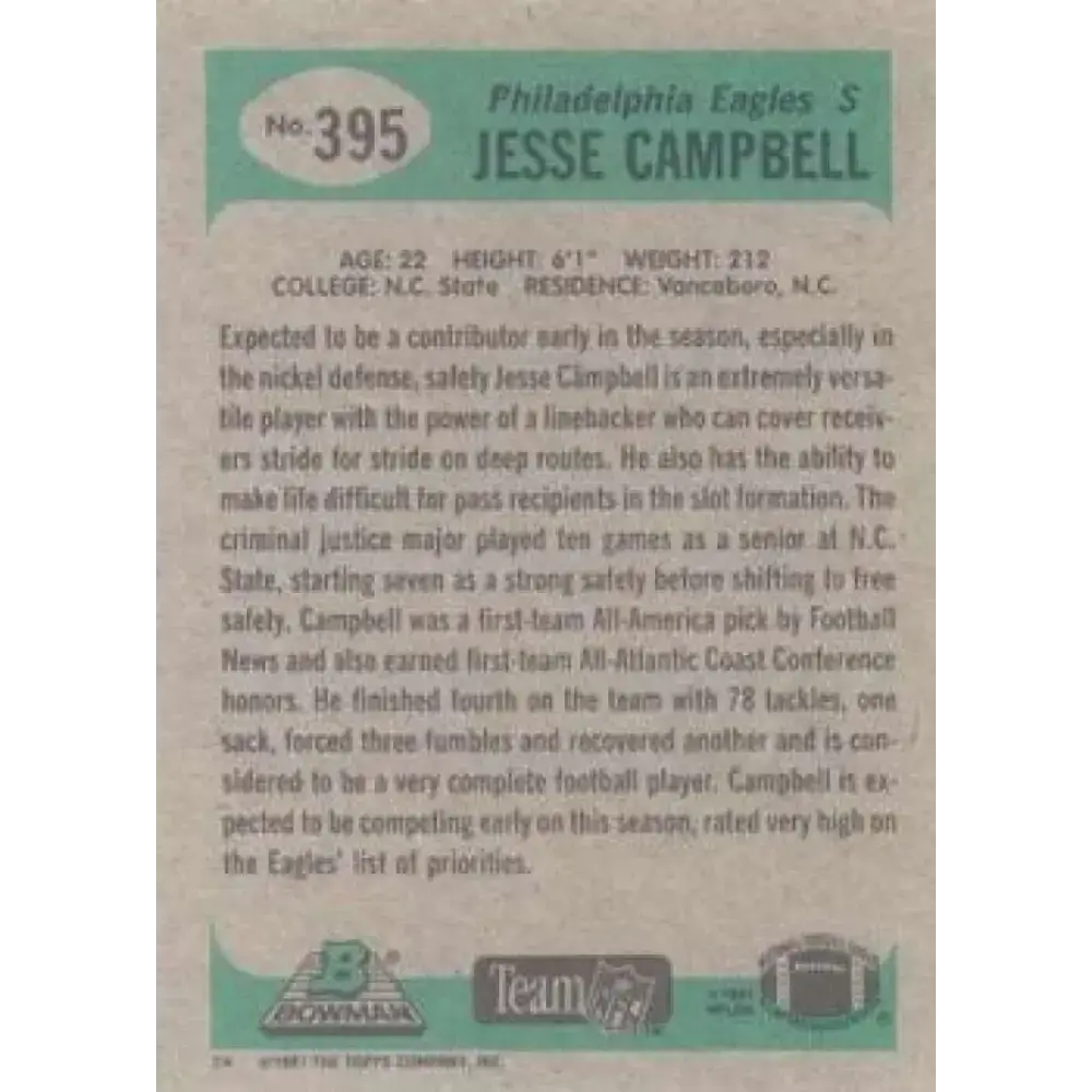 1991 Bowman #395b Jesse Campbell NM-MT RC Rookie Philadelphia Eagles Football Card - Football Card Single