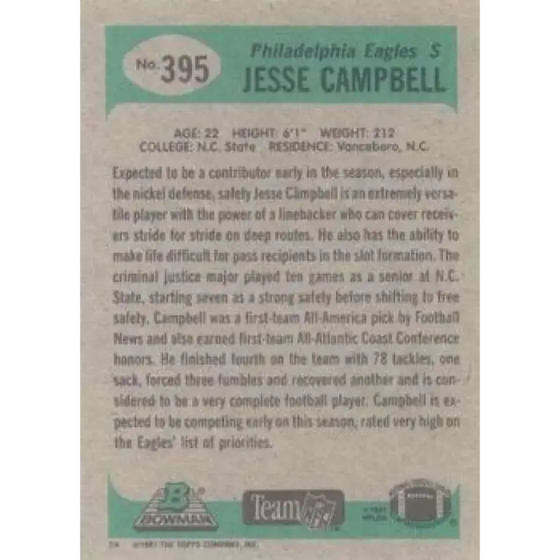 1991 Bowman #395b Jesse Campbell NM-MT RC Rookie Philadelphia Eagles Football Card - Football Card Single