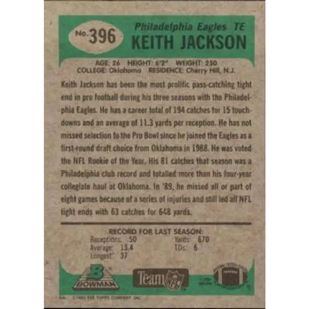 1991 Bowman #396 Keith Jackson NM-MT Philadelphia Eagles Football Card - Football Card Single