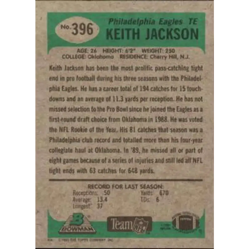 1991 Bowman #396 Keith Jackson NM-MT Philadelphia Eagles Football Card - Football Card Single