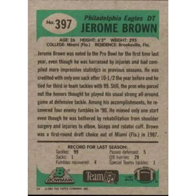 1991 Bowman #397 Jerome Brown NM-MT Philadelphia Eagles Football Card - Football Card Single