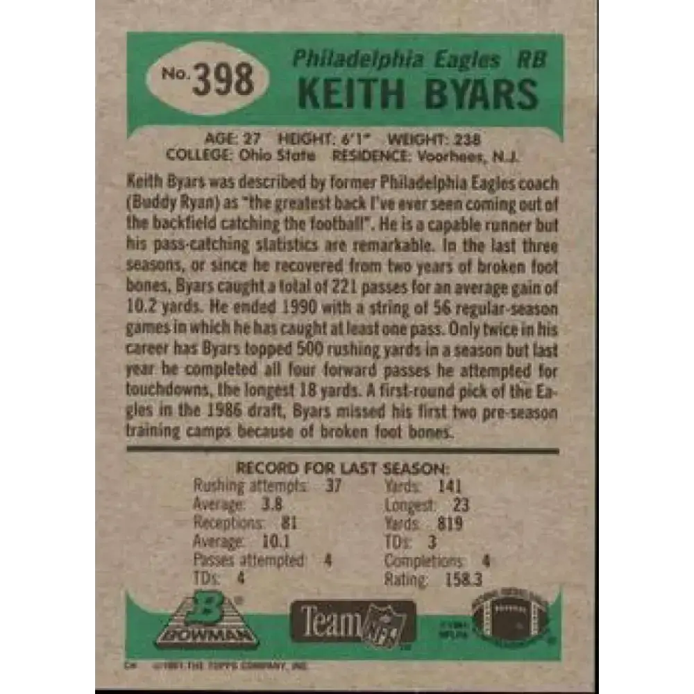 1991 Bowman #398 Keith Byars NM-MT Philadelphia Eagles Football Card - Football Card Single