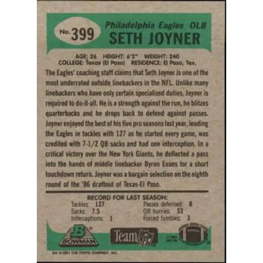 1991 Bowman #399 Seth Joyner NM-MT Philadelphia Eagles Football Card