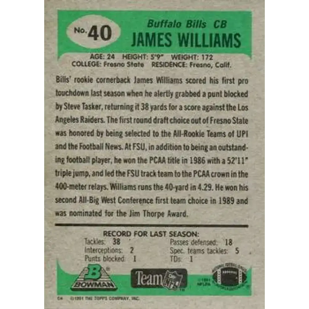1991 Bowman #40 James Williams NM-MT Buffalo Bills Football Card - Football Card Single
