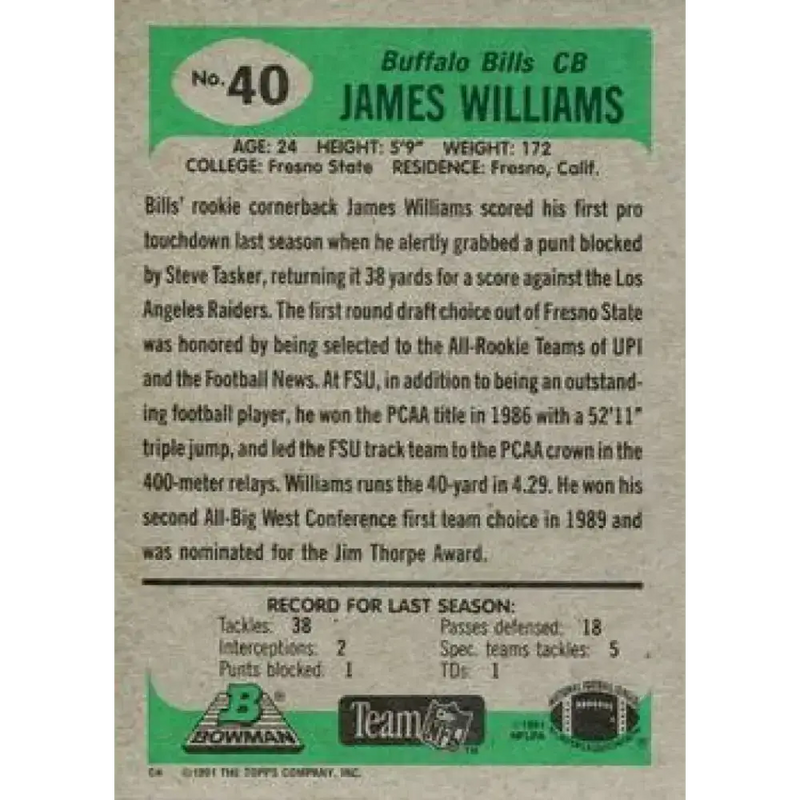1991 Bowman #40 James Williams NM-MT Buffalo Bills Football Card - Football Card Single