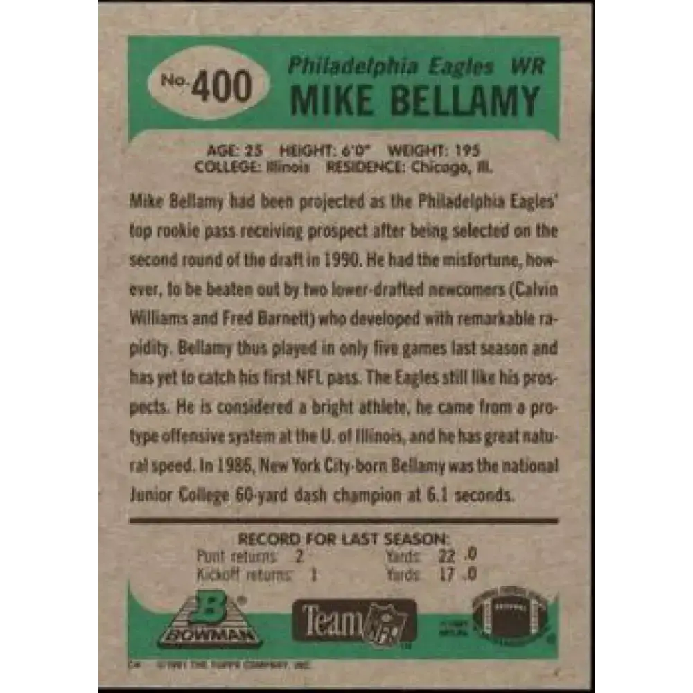 1991 Bowman #400 Mike Bellamy NM-MT Philadelphia Eagles Football Card - Football Card Single