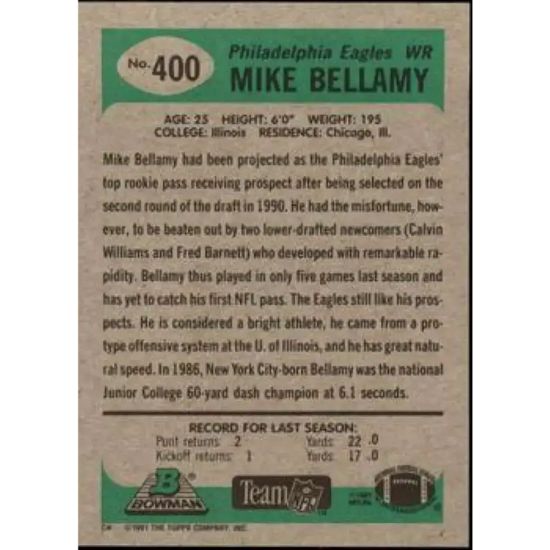 1991 Bowman #400 Mike Bellamy NM-MT Philadelphia Eagles Football Card - Football Card Single