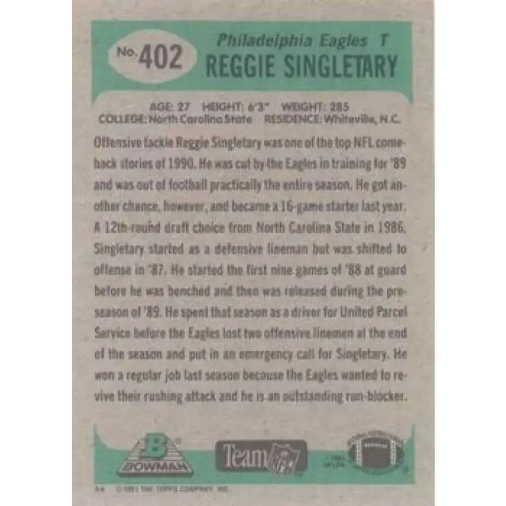 1991 Bowman #402 Reggie Singletary NM-MT RC Rookie Philadelphia Eagles Football Card - Football Card Single