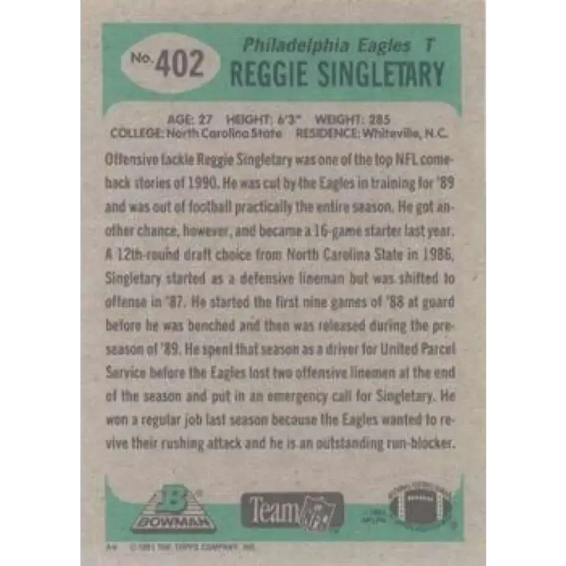 1991 Bowman #402 Reggie Singletary NM-MT RC Rookie Philadelphia Eagles Football Card - Football Card Single