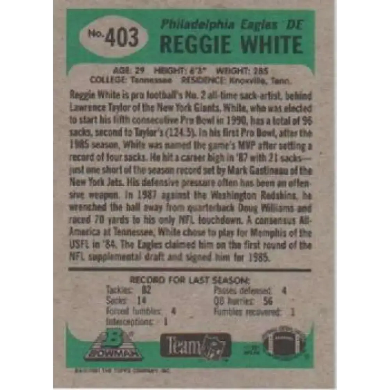 1991 Bowman #403 Reggie White NM-MT Philadelphia Eagles Football Card - Football Card Single