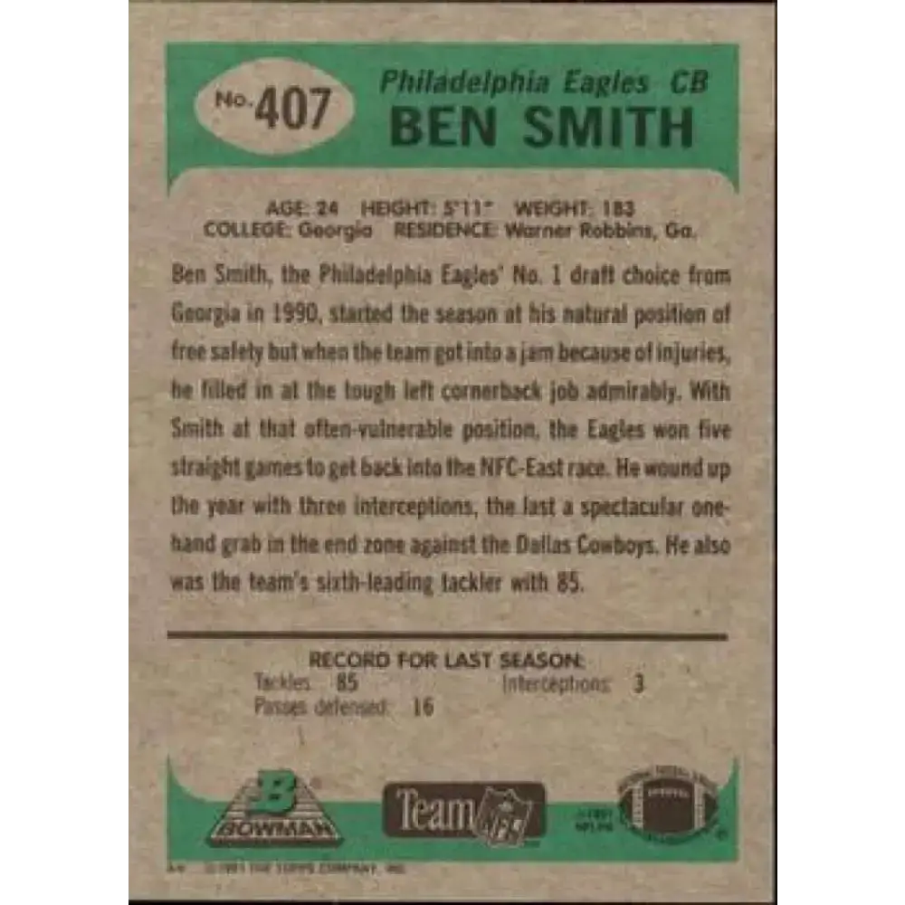 1991 Bowman #407 Ben Smith NM-MT Football Card - Football Card Single