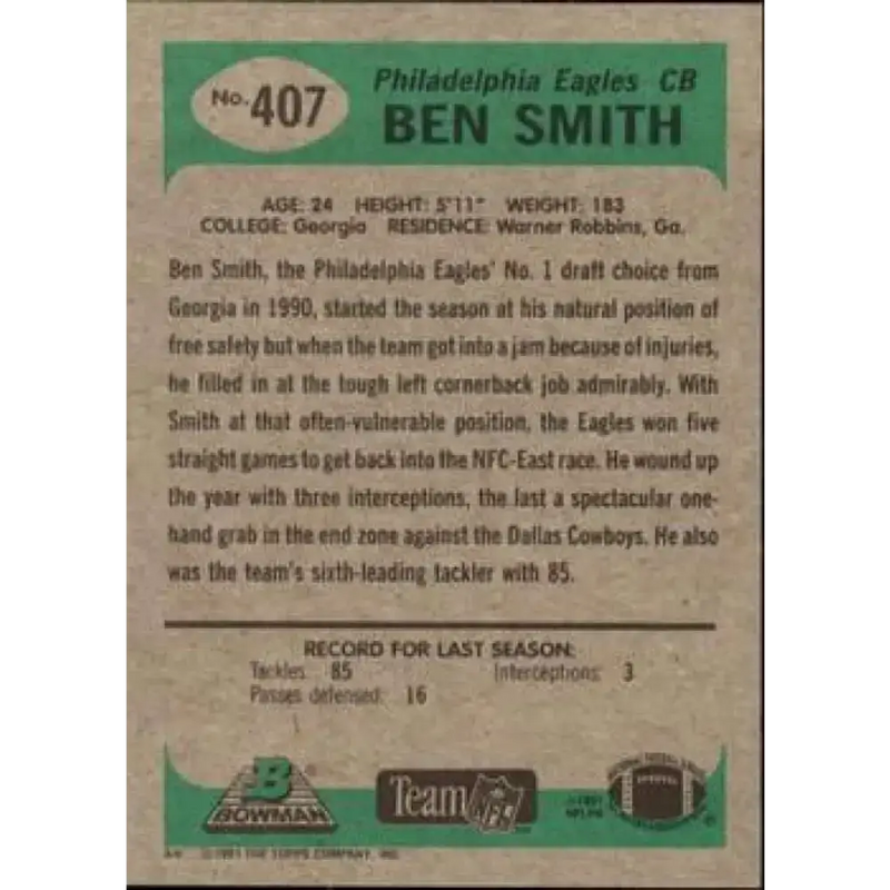 1991 Bowman #407 Ben Smith NM-MT Football Card - Football Card Single