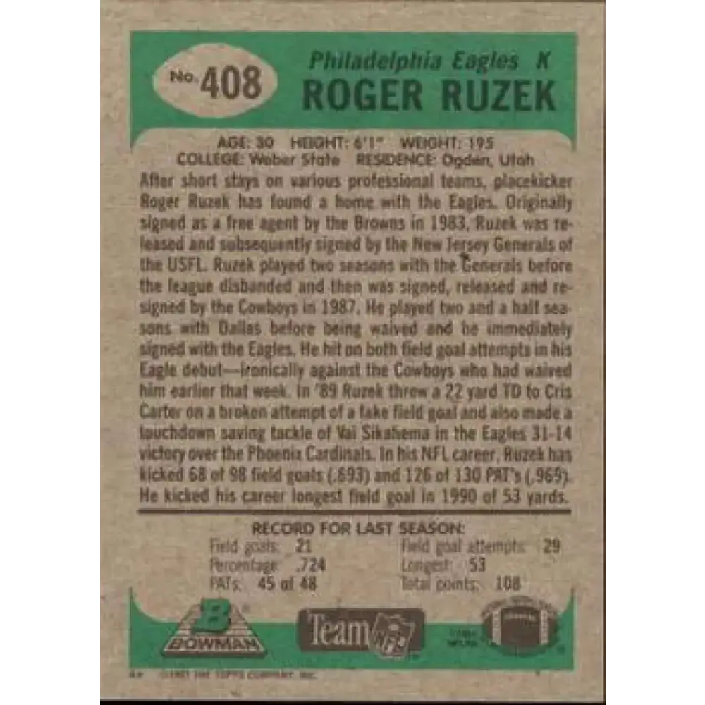 1991 Bowman #408 Roger Ruzek NM-MT Philadelphia Eagles Football Card - Football Card Single