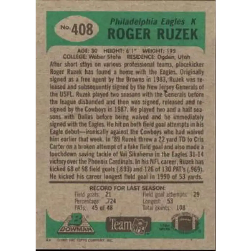 1991 Bowman #408 Roger Ruzek NM-MT Philadelphia Eagles Football Card - Football Card Single