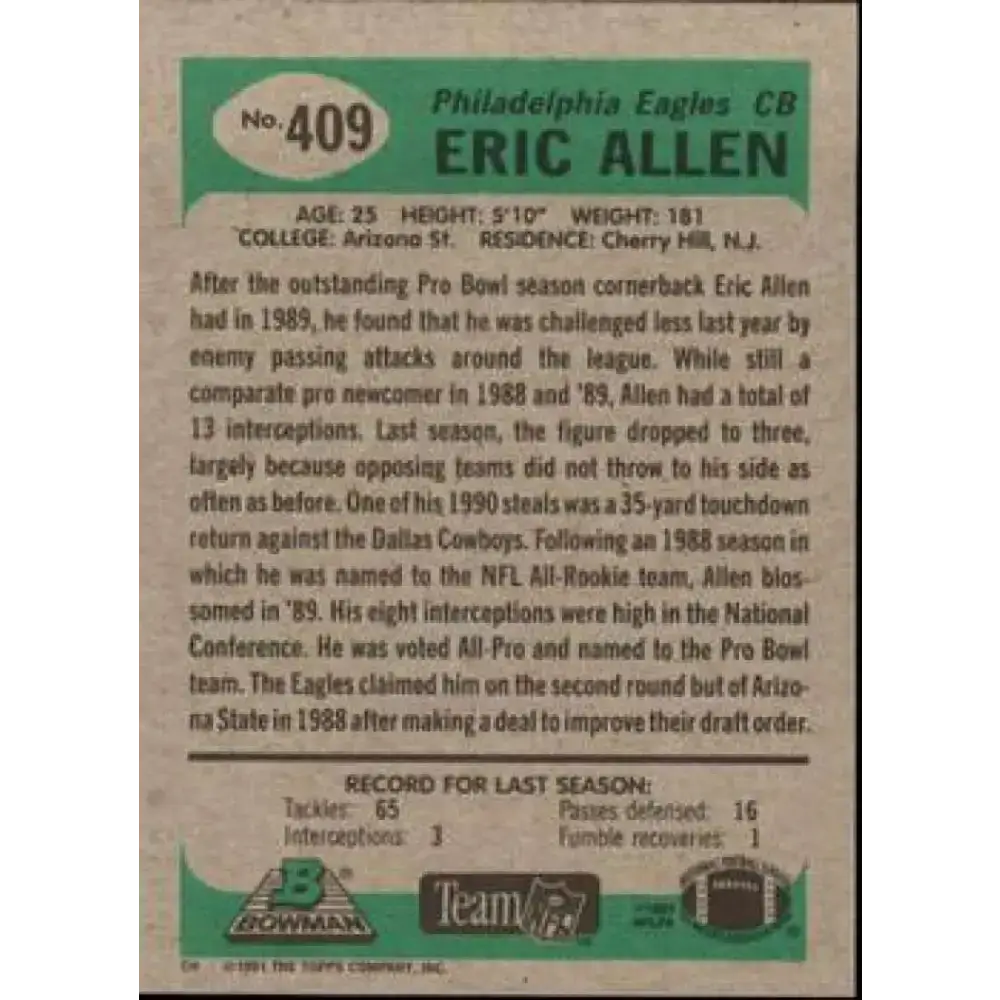 1991 Bowman #409 Eric Allen NM-MT Philadelphia Eagles Football Card - Football Card Single