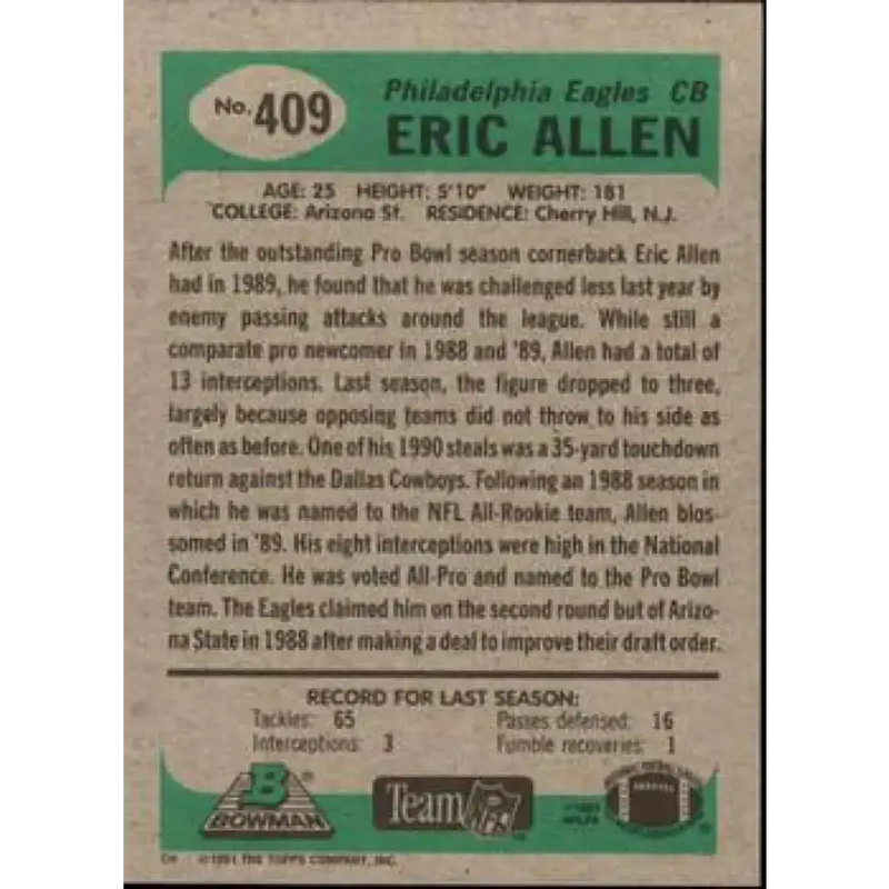 1991 Bowman #409 Eric Allen NM-MT Philadelphia Eagles Football Card - Football Card Single