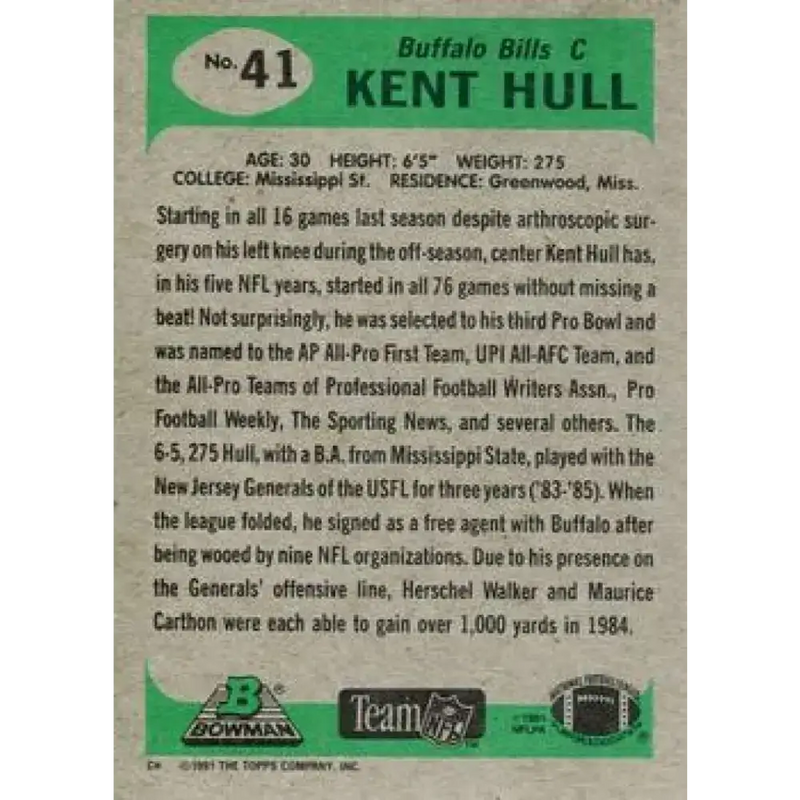 1991 Bowman #41 Kent Hull NM-MT Buffalo Bills Football Card