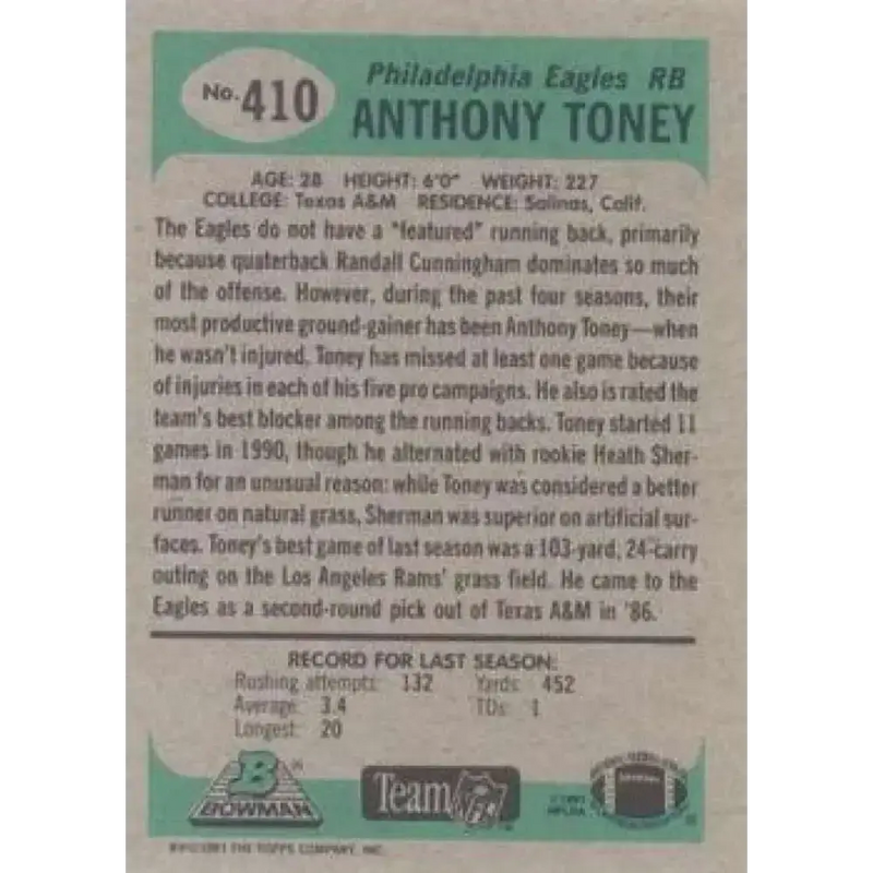 1991 Bowman #410 Anthony Toney NM-MT Philadelphia Eagles Football Card - Football Card Single