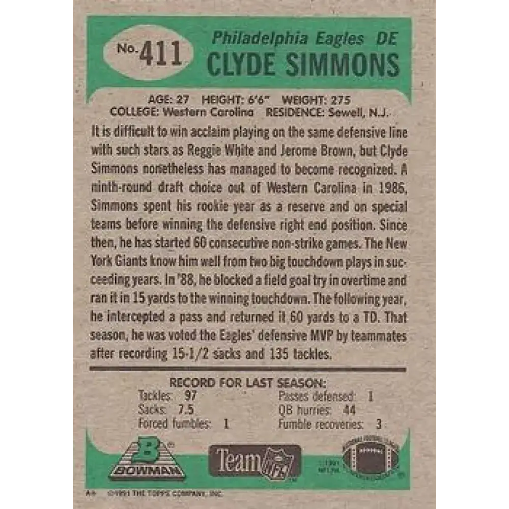 1991 Bowman #411 Clyde Simmons NM-MT Philadelphia Eagles Football Card - Football Card Single