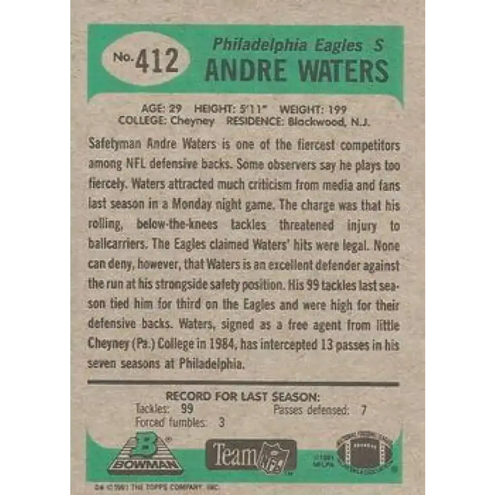 1991 Bowman #412 Andre Waters NM-MT Philadelphia Eagles Football Card - Football Card Single