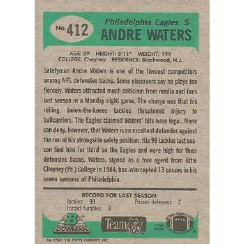 1991 Bowman #412 Andre Waters NM-MT Philadelphia Eagles Football Card - Football Card Single