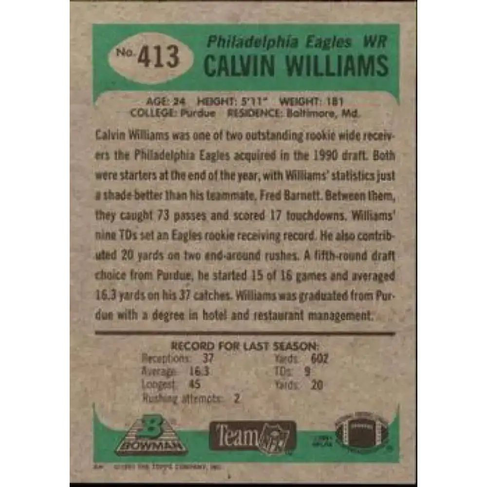 1991 Bowman #413 Calvin Williams NM-MT Philadelphia Eagles Football Card - Football Card Single