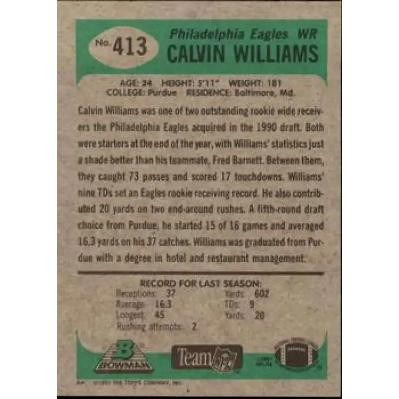 1991 Bowman #413 Calvin Williams NM-MT Philadelphia Eagles Football Card - Football Card Single